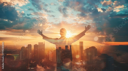 Double exposure of confident young businessman lifting his arms up to the sunrise sky facing the city.