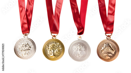 real Gold, silver and bronze medals hanging on red ribbons isolated on white background. © Ziyan