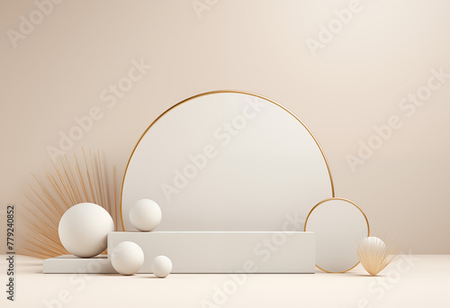 Empty round offwhite podium platform stand for beauty product presentation pink background to display products photo
