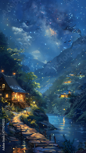 Whispering Night: A Serene Landscape of a Countryside Cottage Besieged by Starlight