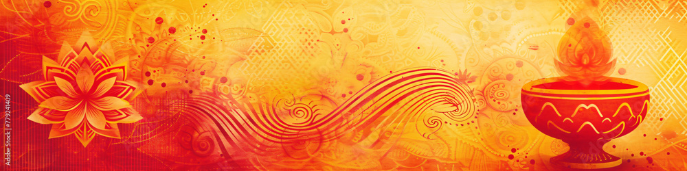 Golden lotus on red background. Beautiful Rangoli floral design for Onam. Oriental Indian style. Diwali, Gudi Padwa, Ugadi. Line art design for wallpaper, card, banner, poster and background Golden lotus on red background. Beautiful Rangoli floral design for Onam. Oriental Indian style. Diwali, Gudi Padwa, Ugadi. Line art design for wallpaper, card, banner, poster and background