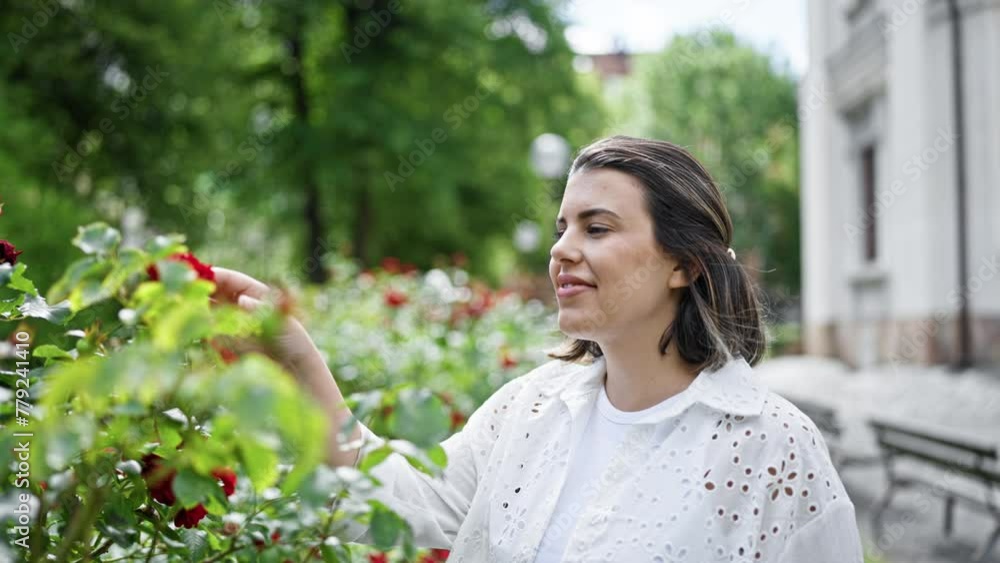 Beautiful young hispanic woman smelling red roses at the park Beautiful young hispanic woman smelling red roses at the park