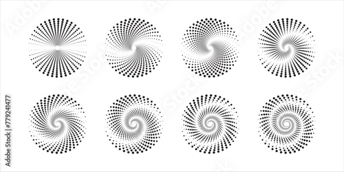 Set of ripple circle icons. Round shapes with swirled polka dot lines isolated on white background. Vortex  sonar wave  soundwave  whirlpool  black hole signs. Vector graphic illustration