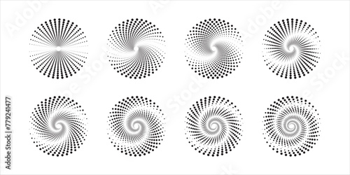 Set of ripple circle icons. Round shapes with swirled polka dot lines isolated on white background. Vortex, sonar wave, soundwave, whirlpool, black hole signs. Vector graphic illustration
