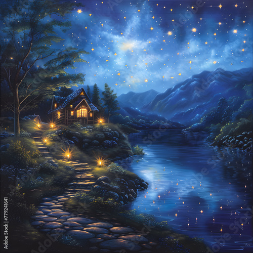 Whispering Night: A Serene Landscape of a Countryside Cottage Besieged by Starlight