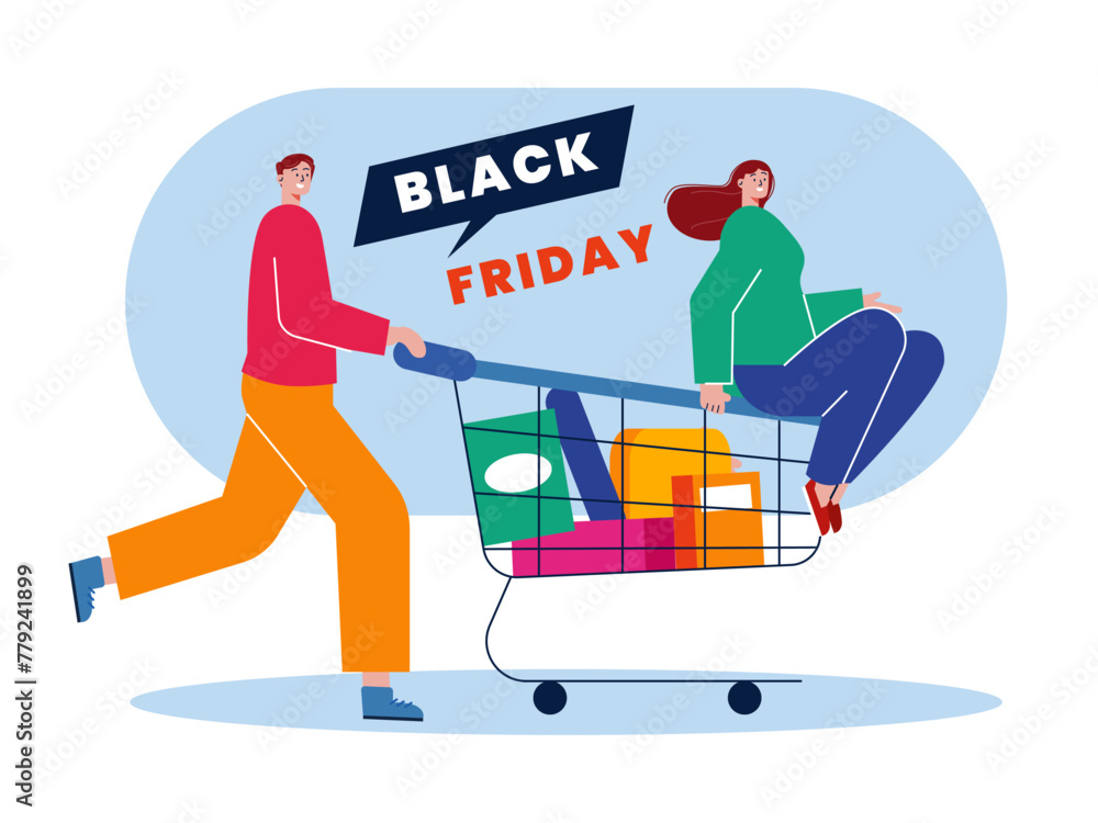 Couple doing Black Friday shopping. Black Friday vector illustration