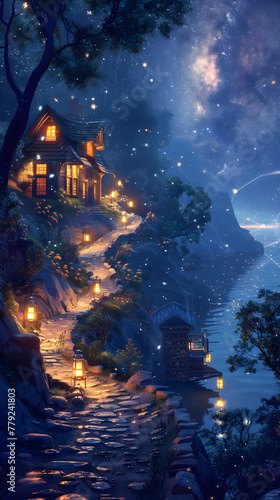 Whispering Night: A Serene Landscape of a Countryside Cottage Besieged by Starlight