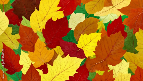 illustration of background consisting of pile of multicolored autumn leaves placed one on another created with generative ai