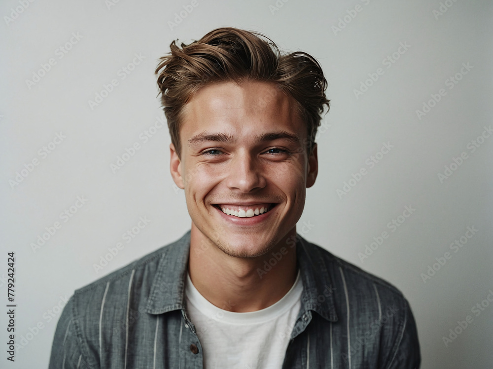 Obraz premium Cheerful Young Man Radiating Joy - High-Quality Portrait Isolated on Gray Background