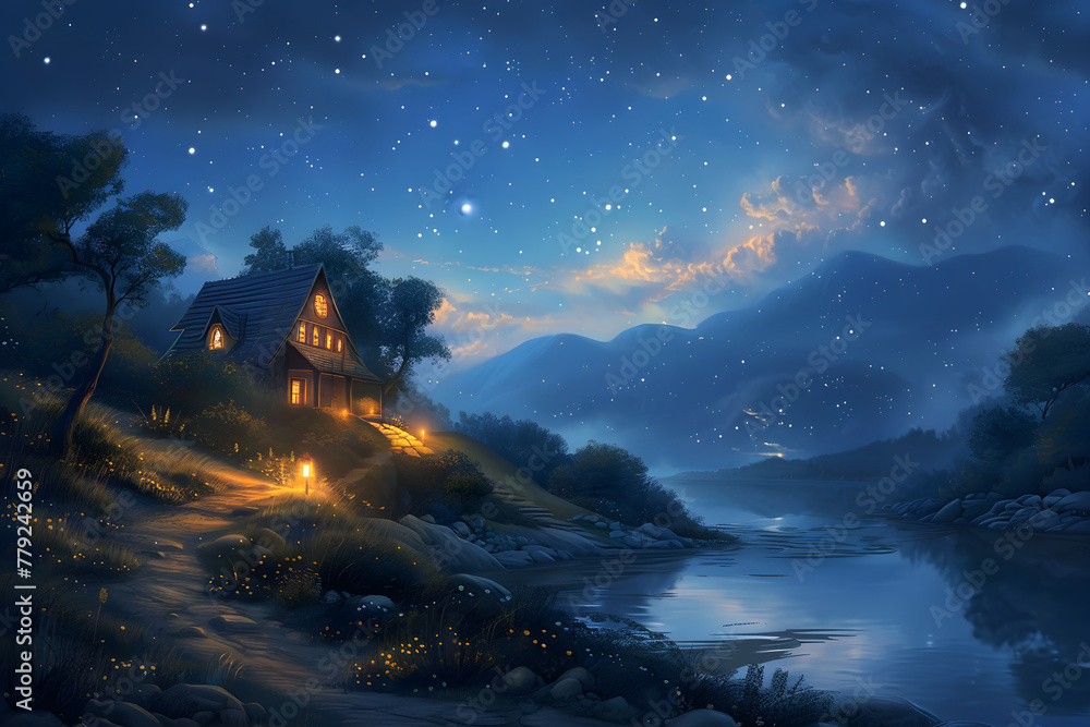 Whispering Night: A Serene Landscape of a Countryside Cottage Besieged by Starlight