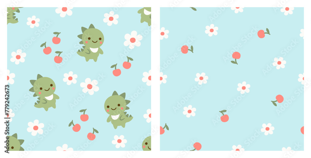 Cute dinosaur with cherry and flower seamless pattern. Kid design. Surface vector design.