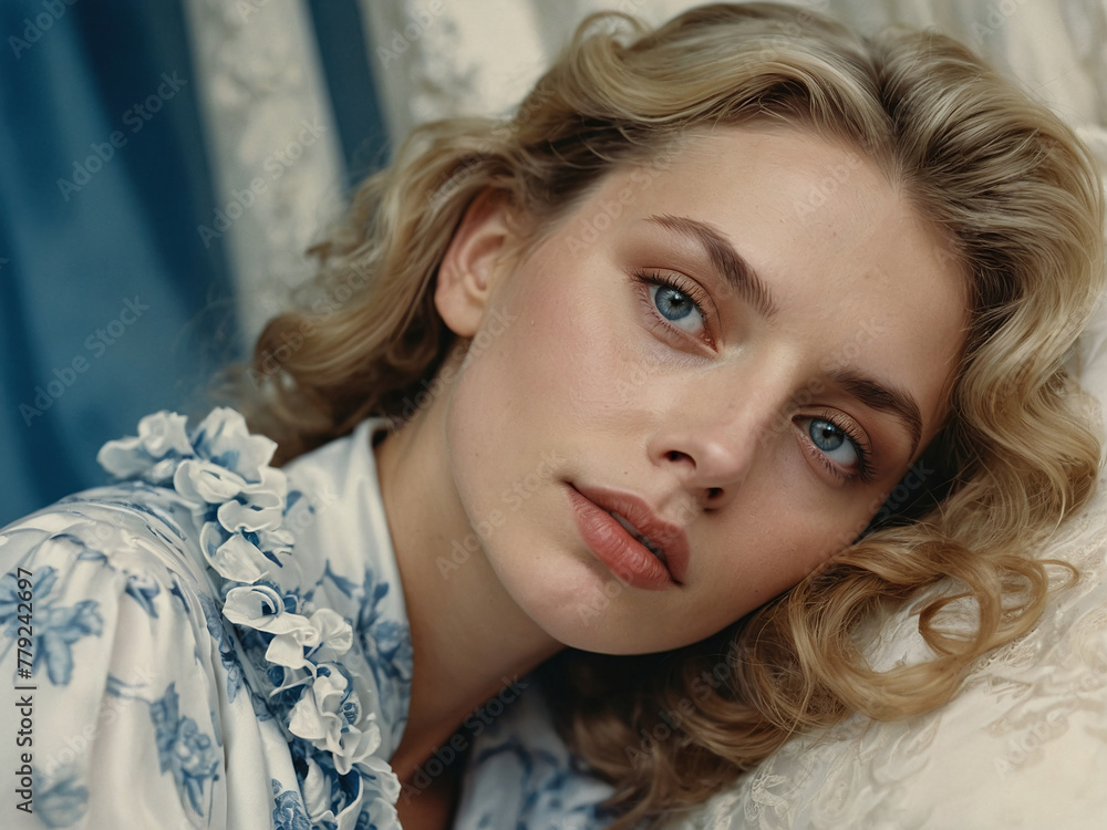 Radiant Beauty: Portrait of a Woman with Lustrous Hair and Vibrant Blue Eyes on Azure Backdrop Radiant Beauty: Portrait of a Woman with Lustrous Hair and Vibrant Blue Eyes on Azure Backdrop