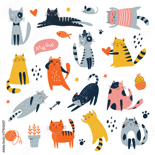 Sticker Cute cats vector set