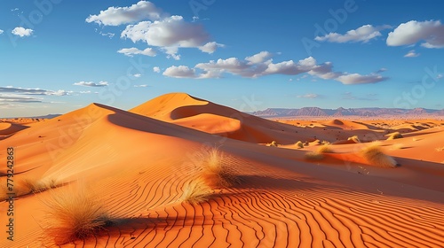 Sunset over the sand dunes in the desert landscape of the Sahara desert with Sky AI generated photo