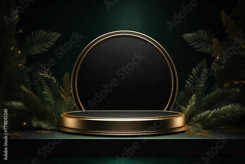 Abstract dark color with golden stage design podium stage shape for product presentation An empty stage TV set background 