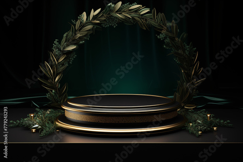 Abstract dark color with golden stage design podium stage shape for product presentation An empty stage TV set background 