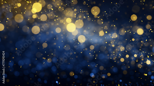 Blue and gold circles abstract background. Bokeh shining particles on dark background