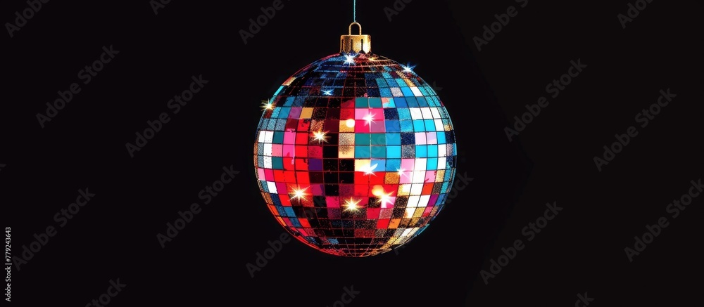 Fototapeta premium A Christmas ornament in the form of a disco ball is suspended from a string against a black background. The glass circle reflects light beautifully, resembling a miniature astronomical object