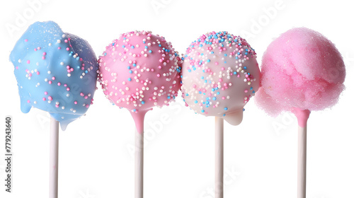 Tasty cake pops and cotton candies isolated on white, set