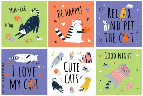 Cute cats with text set. Cartoon cats characters design collection with flat color in different poses. Set of funny pet animals isolated on color background.