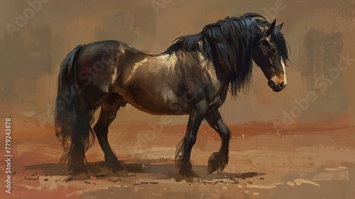 A majestic black horse stands in a dusty setting, depicted with expressive brush strokes that convey a sense of calm strength.
