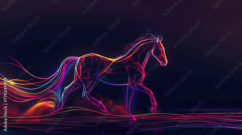 In a stunning display of digital art, a horse is outlined in vibrant, neon colors that trace its sleek form against a dark backdrop, highlighting its motion and grace.