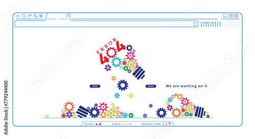 Error 404 abstract website browser template design with lightbulb shape gears and screws. Webpage internet security warning to use for programming, web development, webpage error, error 404 projects. 