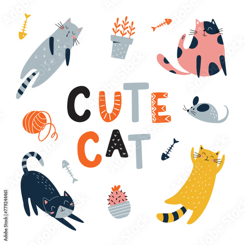 Cute cats. Funny and cute red and black cat with text vector. Cartoon cats characters design collection with flat color in different poses. Set of funny pet animals on white background. © Наталья Пшеничная