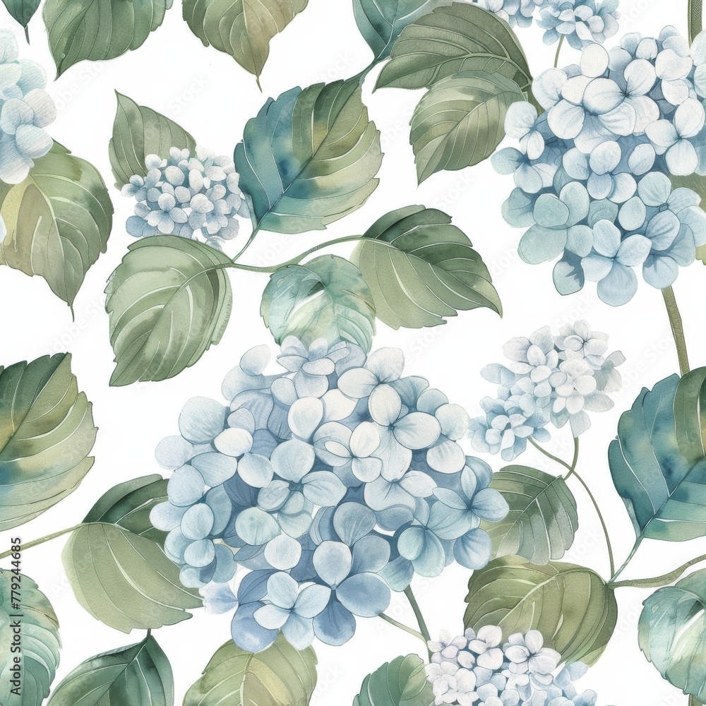 A tranquil array of hydrangeas in soothing shades of chambray blue unfolds across this seamless pattern, harmonizing with the natural green of the leaves for a serene botanical print. A tranquil array of hydrangeas in soothing shades of chambray blue unfolds across this seamless pattern, harmonizing with the natural green of the leaves for a serene botanical print.