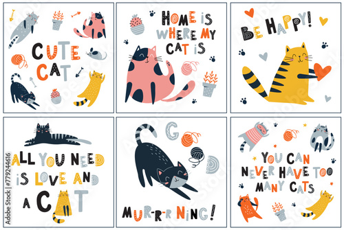 Cute red black and grey cats with text set. Cartoon cats characters design collection with flat color in different poses. Set of funny pet animals on white background. © Наталья Пшеничная