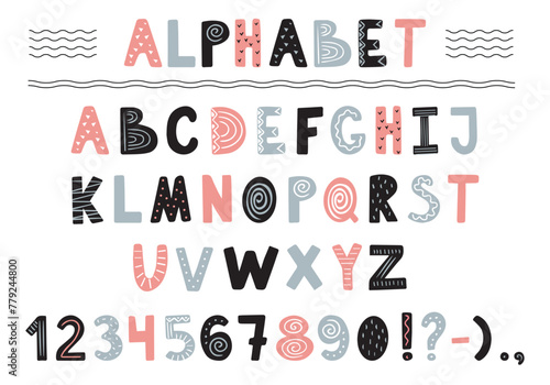 Playful style font design, colorful childish alphabet, letters and numbers vector illustration © Наталья Пшеничная