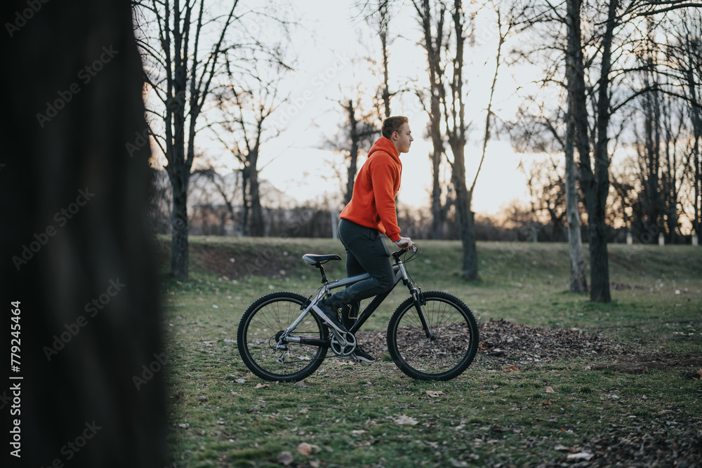 A young man in a red hoodie is seen with a bicycle in an urban park during sunset, embodying an active, healthy lifestyle.
