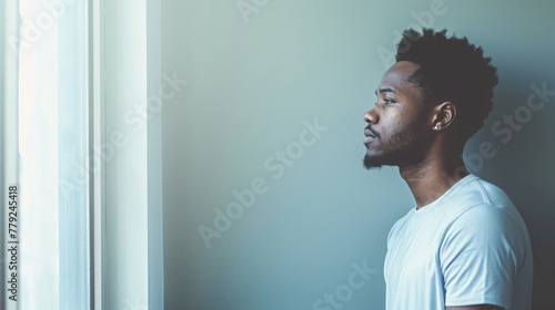 An African man stands by a window, lost in thought, as soft natural light casts a gentle glow on his face, evoking a mood of introspection. photo