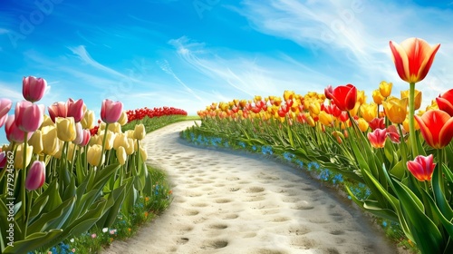 A sandy path meanders through an explosion of tulips, where petals kissed by sunlight form a striking contrast against the vivid blue sky.