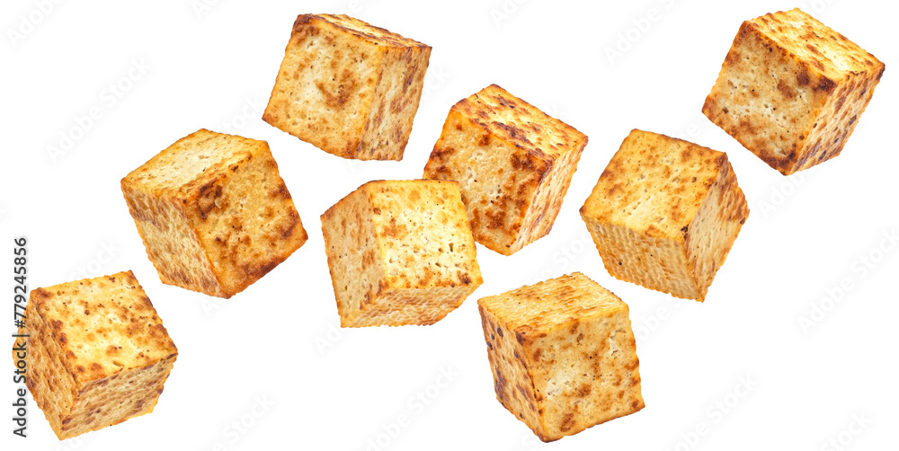 Falling fried tofu cubes isolated on white background Falling fried tofu cubes isolated on white background