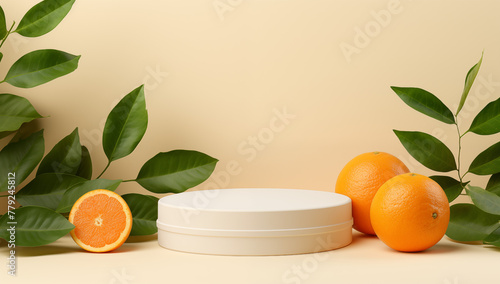 Podium background display with orange fruits scene beauty stage platform Mockup display design concept product presentations