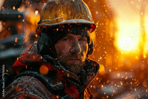 A close-up of a firefighter wearing a helmet covered in snowflakes, with a warm glowing light and bokeh in the background