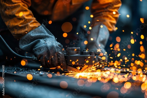 A close-up capture of a worker grinding metal, producing a brilliant shower of sparks, highlighting the rough industry and meticulous skill