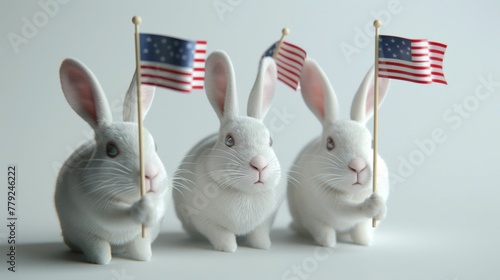 3D rabbits with flags for Independence Day, patriotic and bright on white