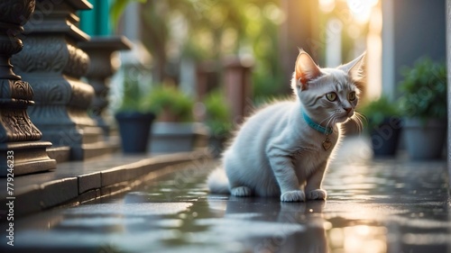 A stray cat in a puddle photo