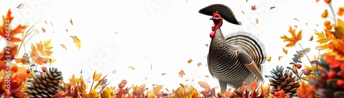 A 3D turkey with a pilgrim hat for Thanksgiving, surrounded by fall colors, white background