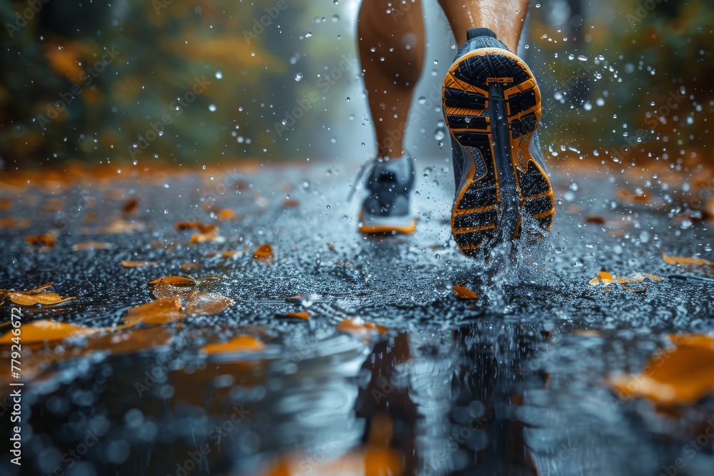 A close-up showing the strength and determination of a runner's feet on a wet road strewn with autumn leaves - obrazy, fototapety, plakaty 