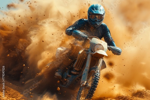 A motorcyclist dressed in a blue outfit powerfully carving through a sandy desert landscape