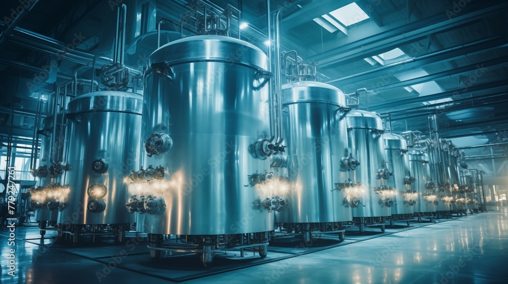 Obraz premium Modern high tech factory producing storage fluid-tanks in a production line. Photograph.