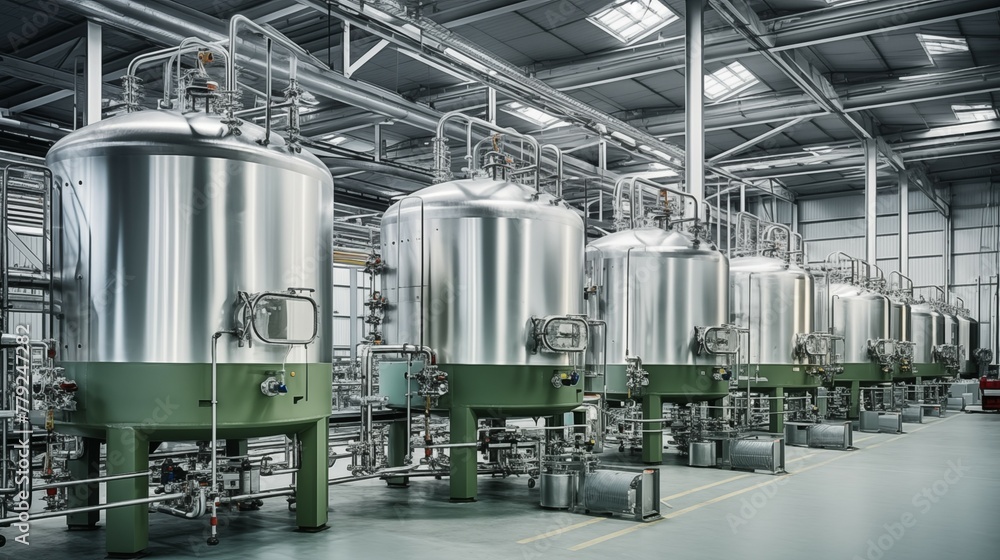 Modern high tech factory producing storage fluid-tanks in a production line. Photograph. Modern high tech factory producing storage fluid-tanks in a production line. Photograph.