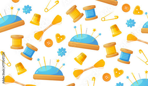 Vector background with colorful tools for sewing.	
