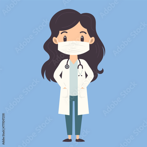 Woman doctor in medical mask. Cartoon character. Vector flat style