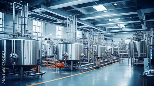 Modern high tech factory producing storage fluid-tanks in a production line. Photograph. © GMeta