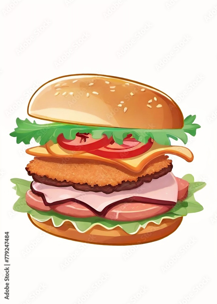 Drawing. A hamburger on a white background. Fast food. The burger is lined with layers of ingredients and with a sesame bun. Drawing. A hamburger on a white background. Fast food. The burger is lined with layers of ingredients and with a sesame bun.