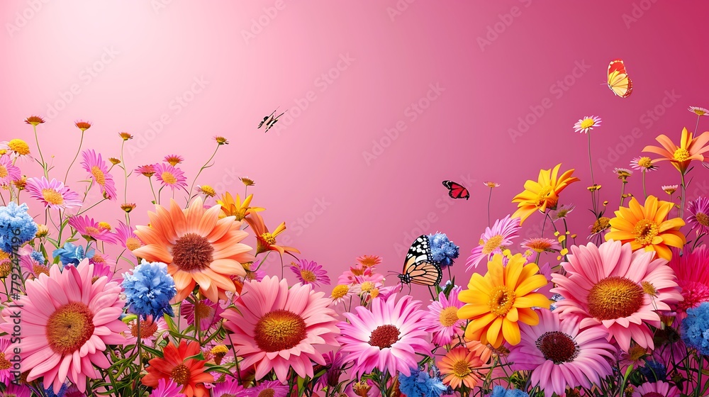 Obraz premium Summer blossoming delicate roses on blooming flowers festive Pink background AI generated